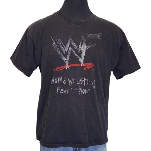 True Vintage 90s/00s XL WWF World Wrestling Federation Faded Black Logo Shirt - Picture 1 of 8